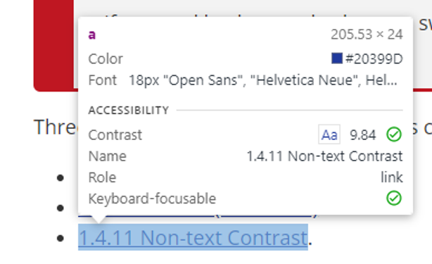 Inspector Tool ใน Web Browser แสดงค่า Contrast ของข้อความกับพื้นหลัง ข้อความสีน้ำเงินเข้มบนพื้นหลังสีขาวได้คแนน Contrast 9.84 ซึ่งเหมาะสมแก่การใช้งานอย่าง Accessible