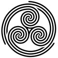 Elaborate "wheeled" triskelion of three threefold spirals in overall spiral