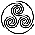 "Wheeled" triskelion of three threefold spirals in overall spiral